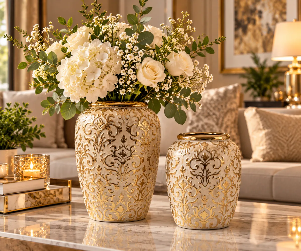 JARRON DE CERAMICA CREMA Y DORADO - imagen 3