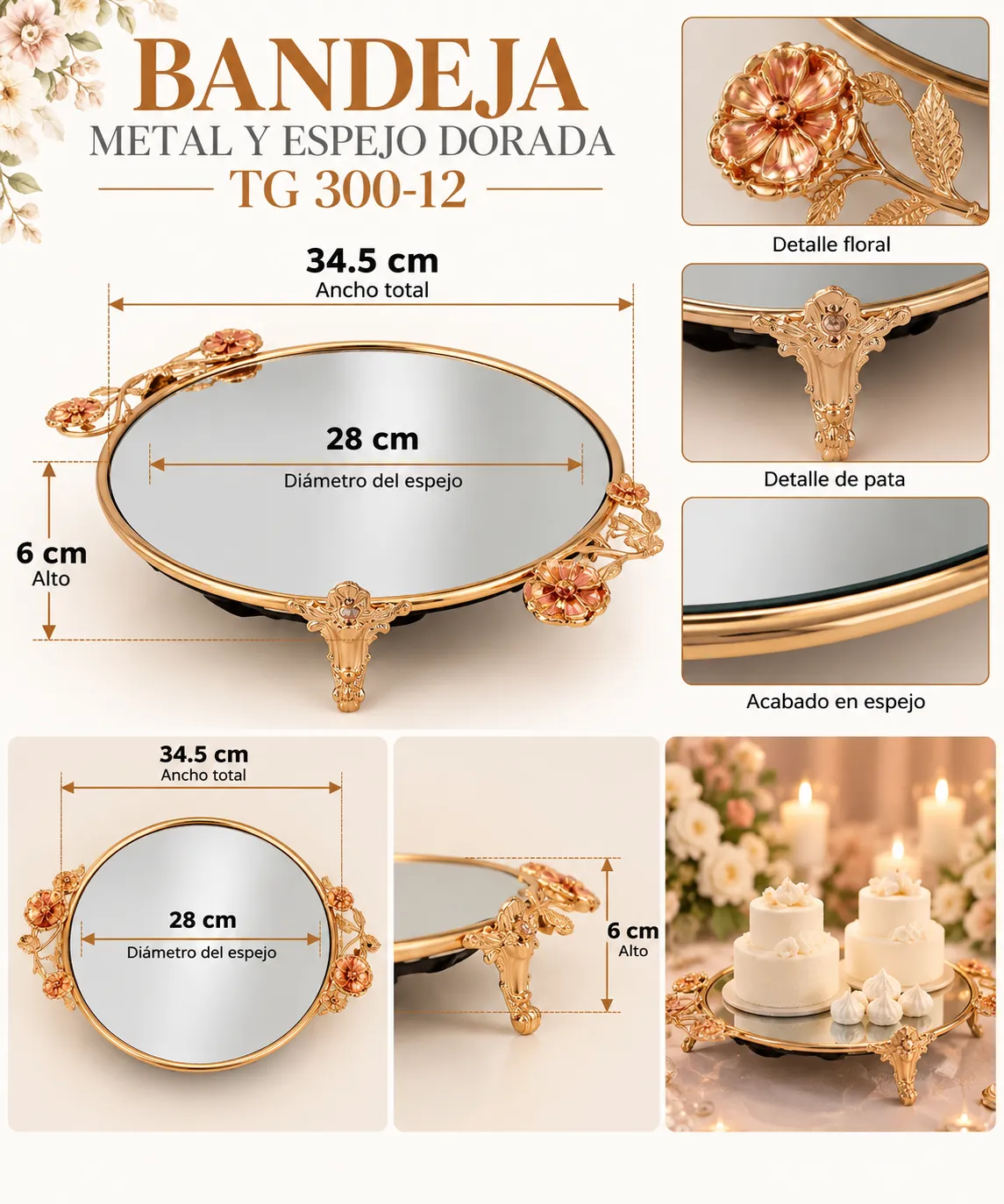 BANDEJA METAL Y ESPEJO DORADO - imagen 4