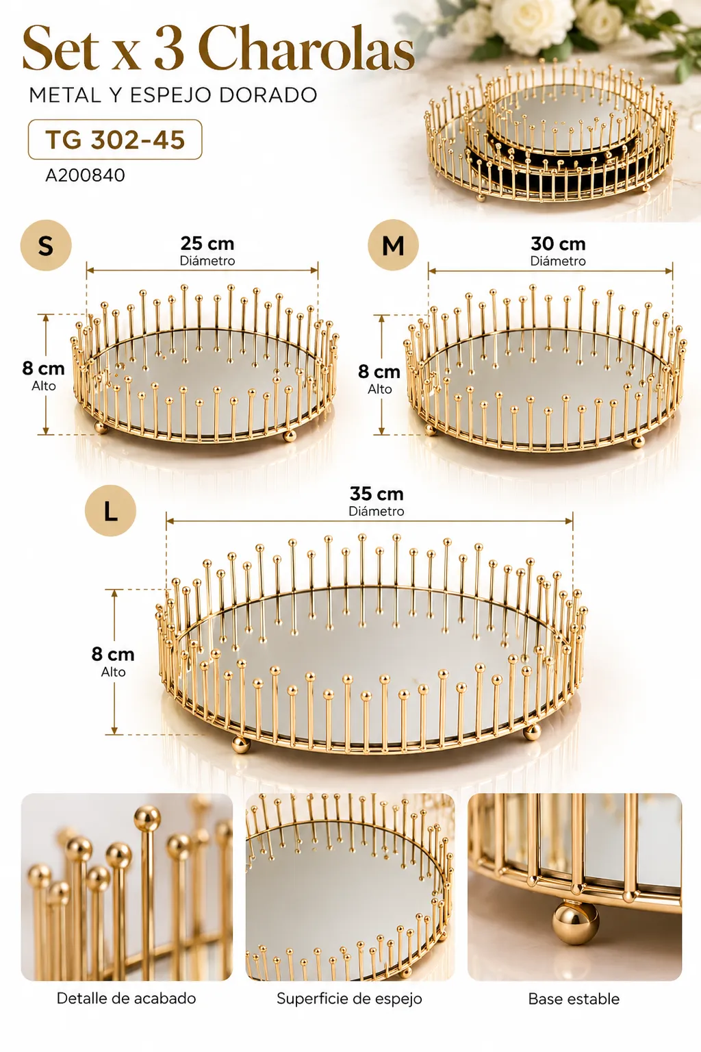 SET DE 3 CHAROLAS DE METAL Y ESPEJO DORAADO TG 302-45 - imagen 2