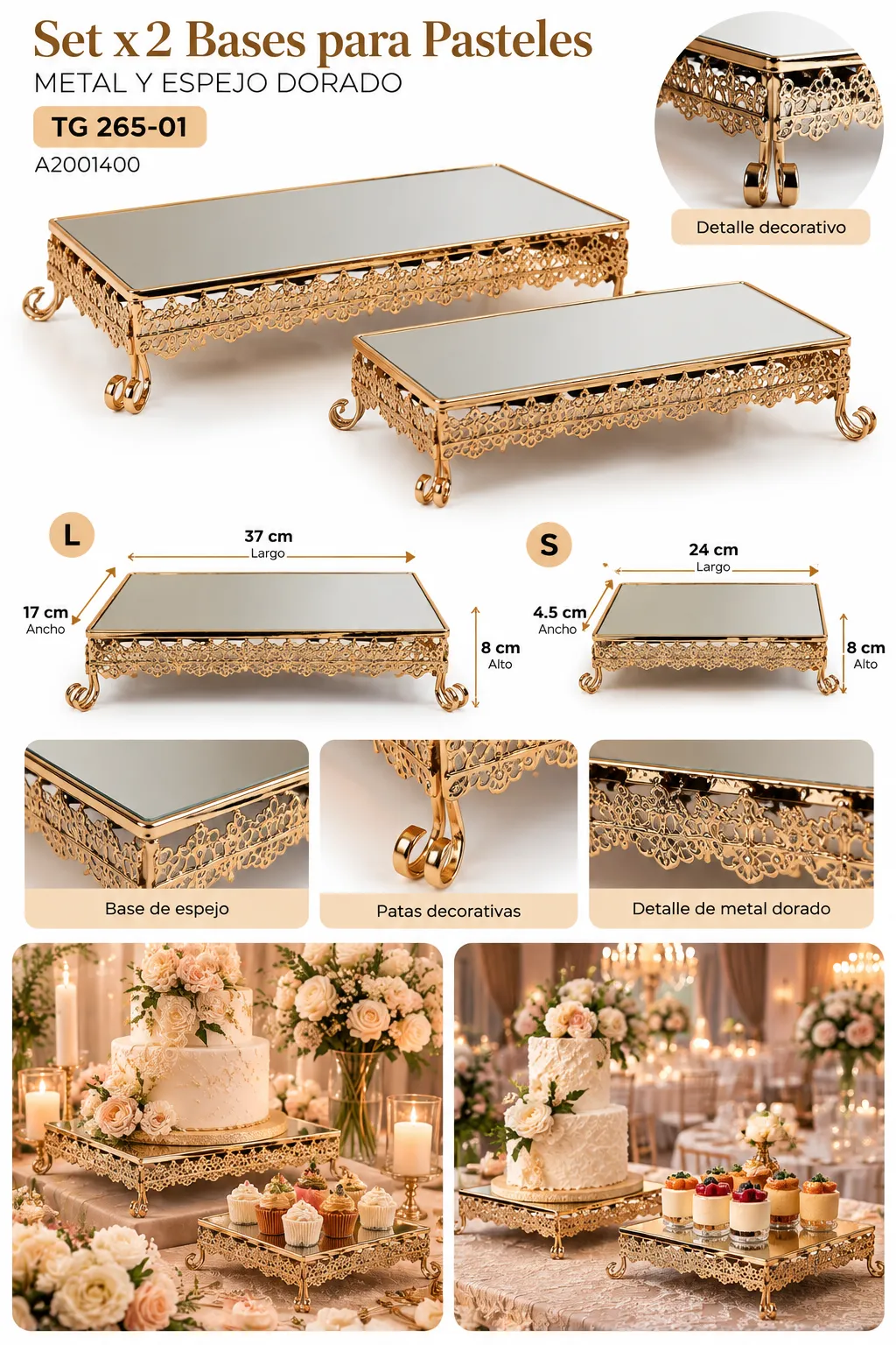 SET DE 2 BASES PARA PASTEL METAL Y ESPEJO DORADO - imagen 4