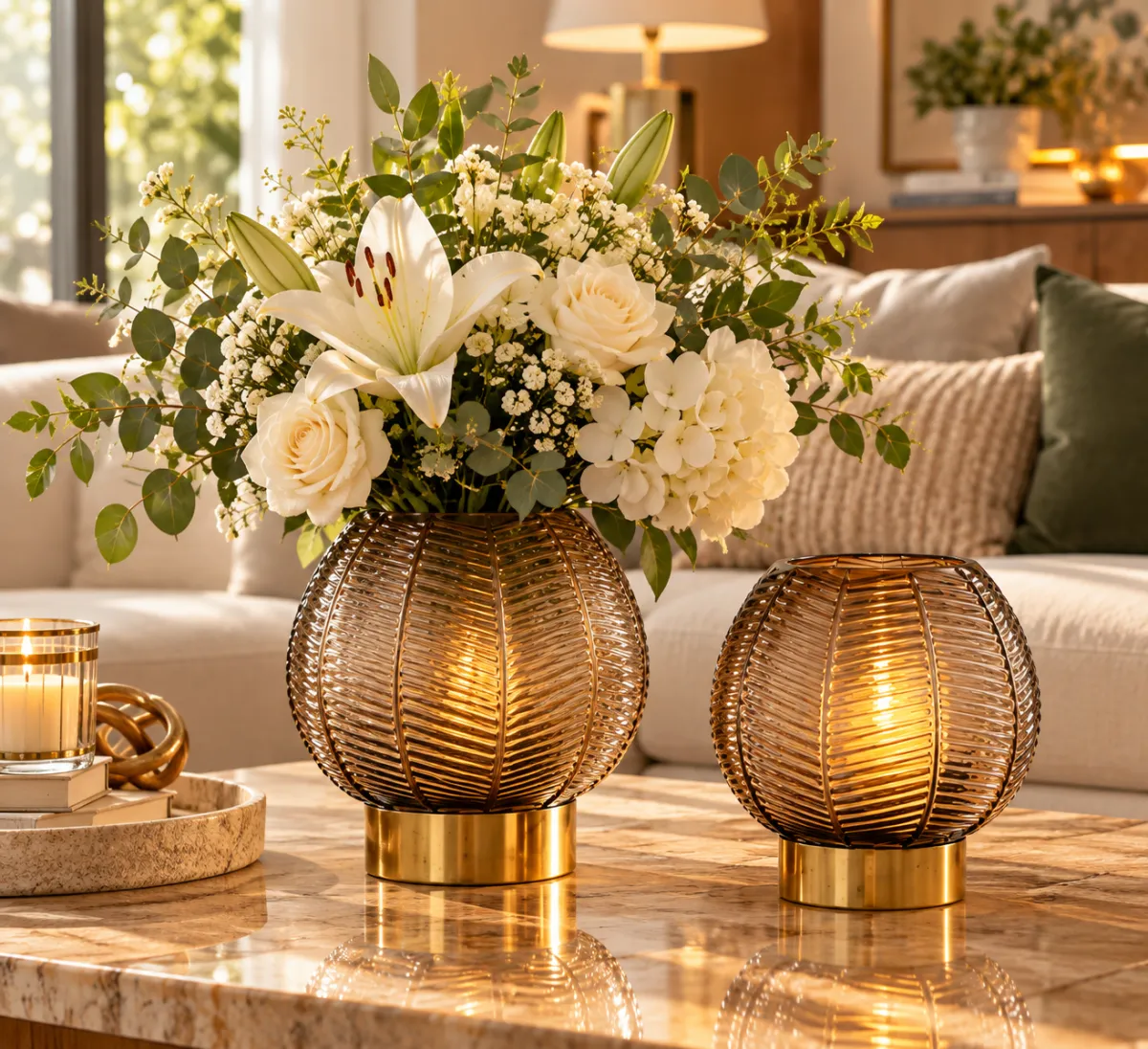 FLORERO DE CRISTAL ACANALADO CON BASE DORADA