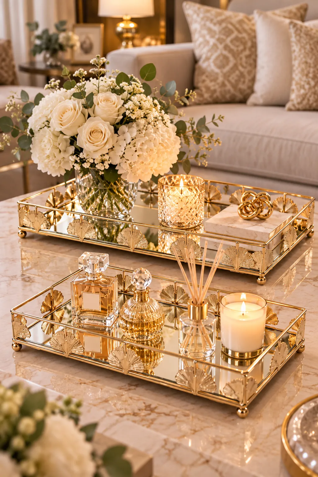 SET DE DOS CHAROLAS DE METAL CON ESPEJO Y FLOR