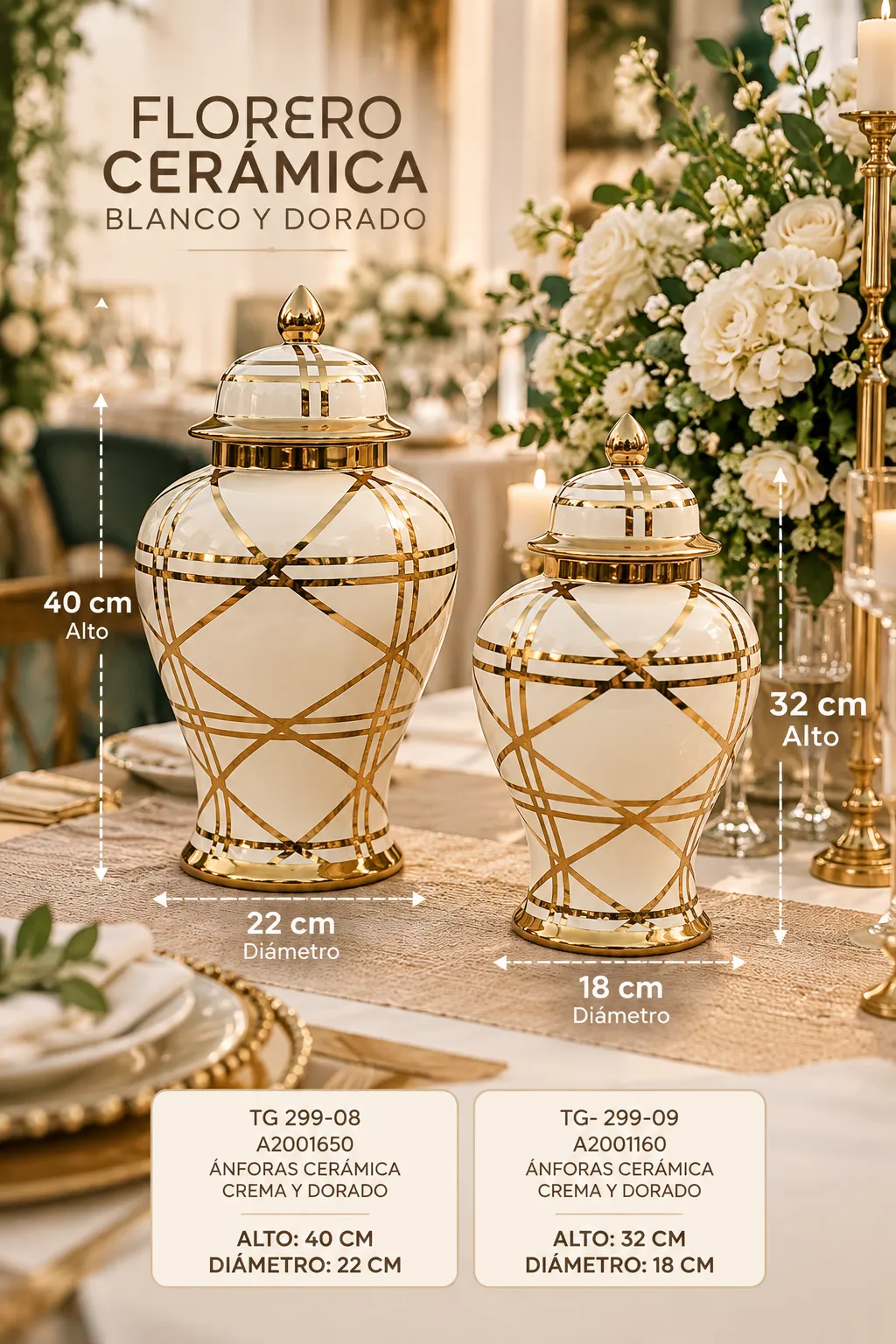 SET DE FLORERO CERAMICA BLANCO Y DORADO