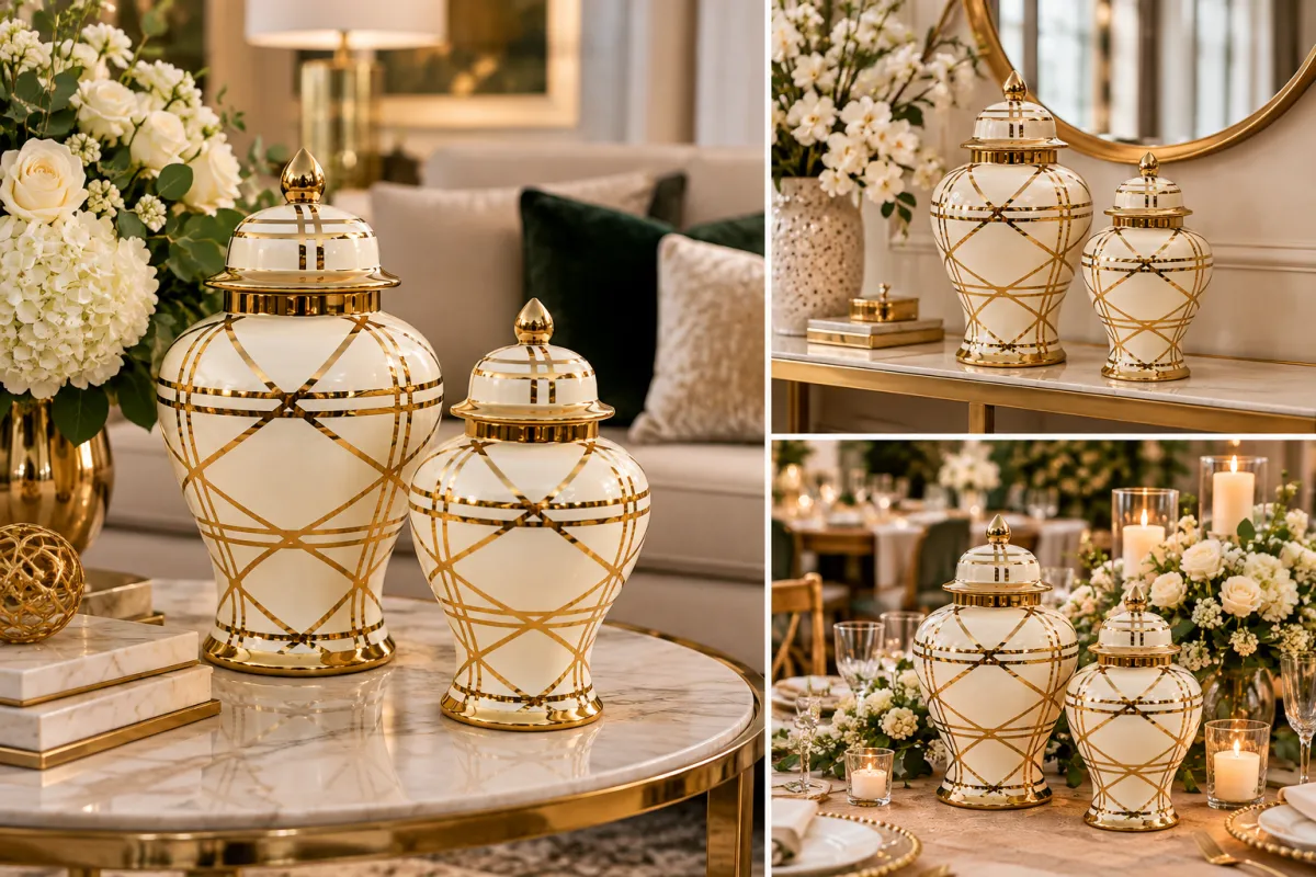 SET DE FLORERO CERAMICA BLANCO Y DORADO - imagen 2