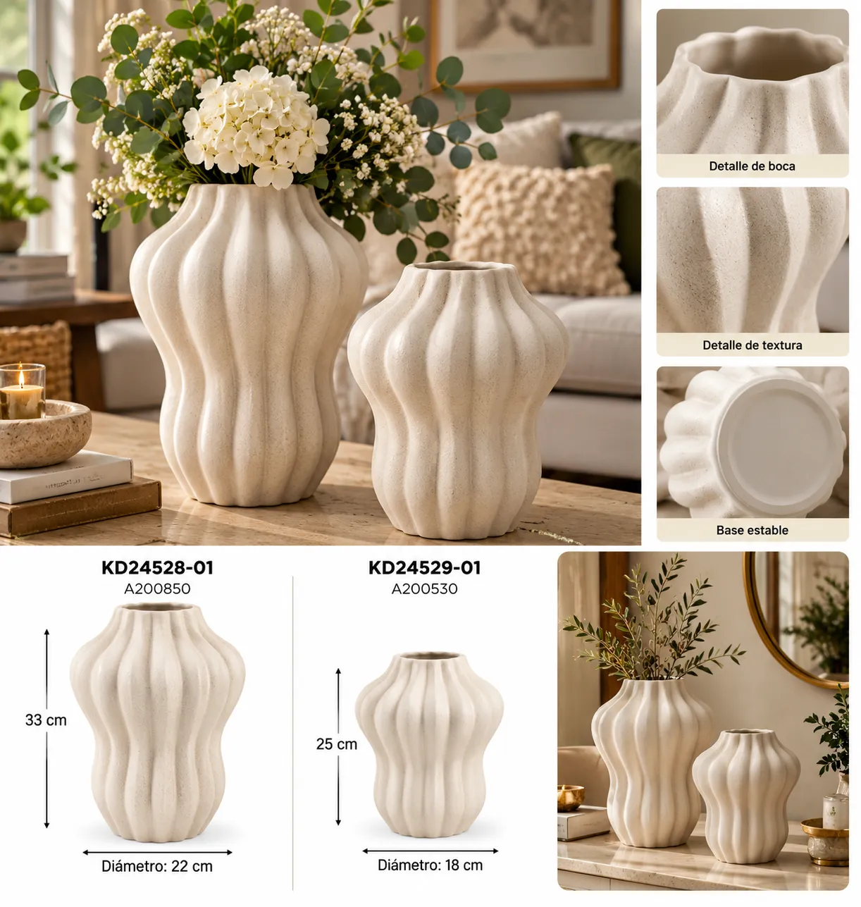 JARRON DE CERAMICA ONDULADO BLANCO - imagen 2