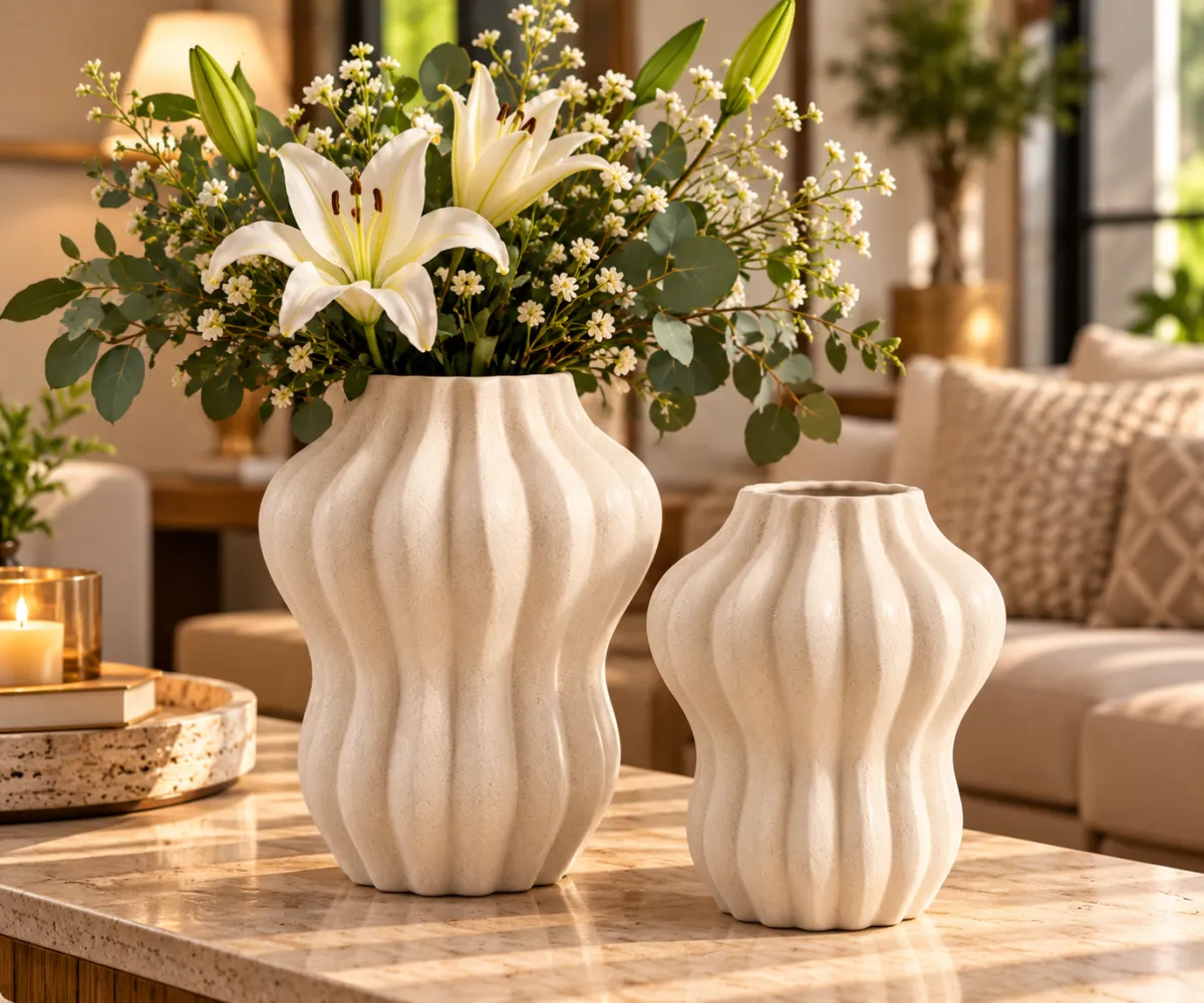 JARRON DE CERAMICA ONDULADO BLANCO - imagen 3